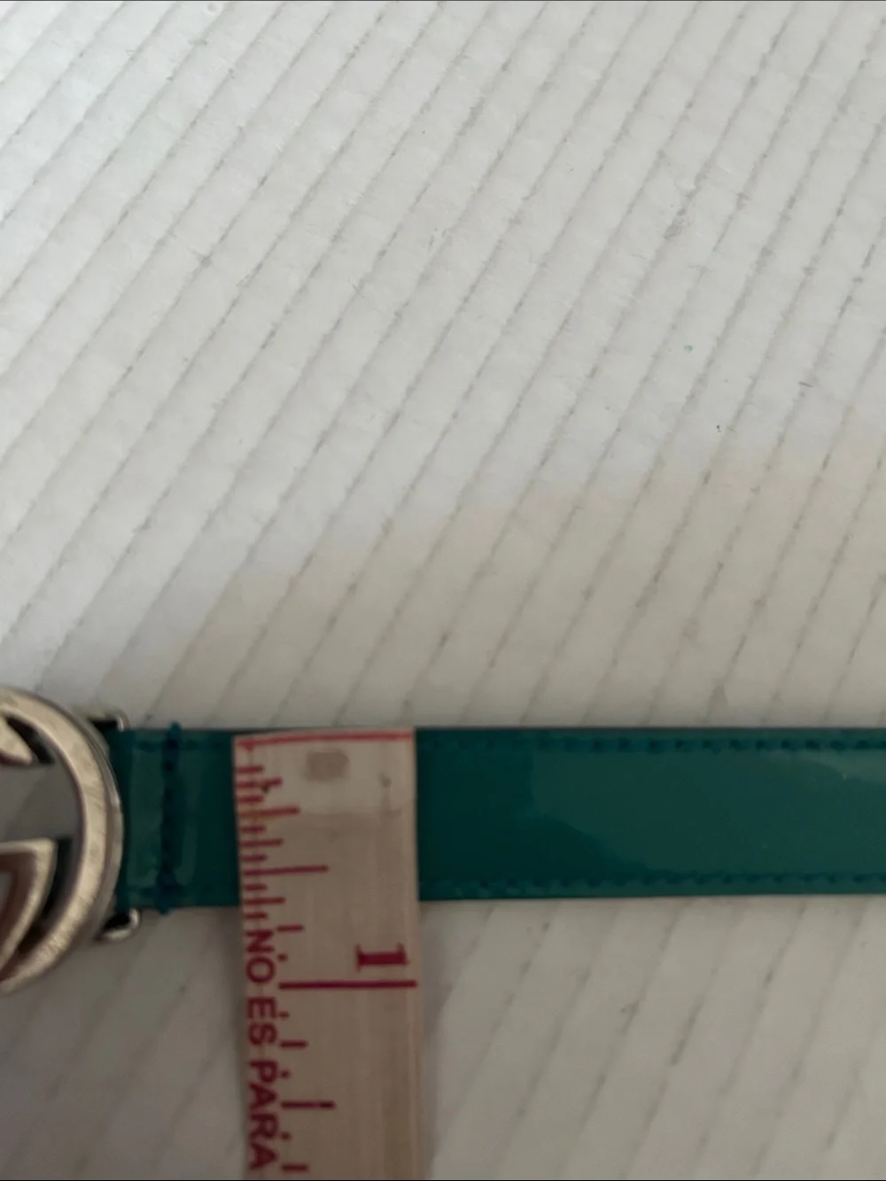 Glossy Teal Patent Leather Belt with Silver Interlocking Buckle